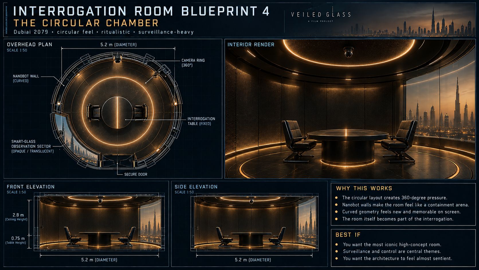 Design board for a circular interrogation chamber: overhead plan, elevations and an interior render above a city.
