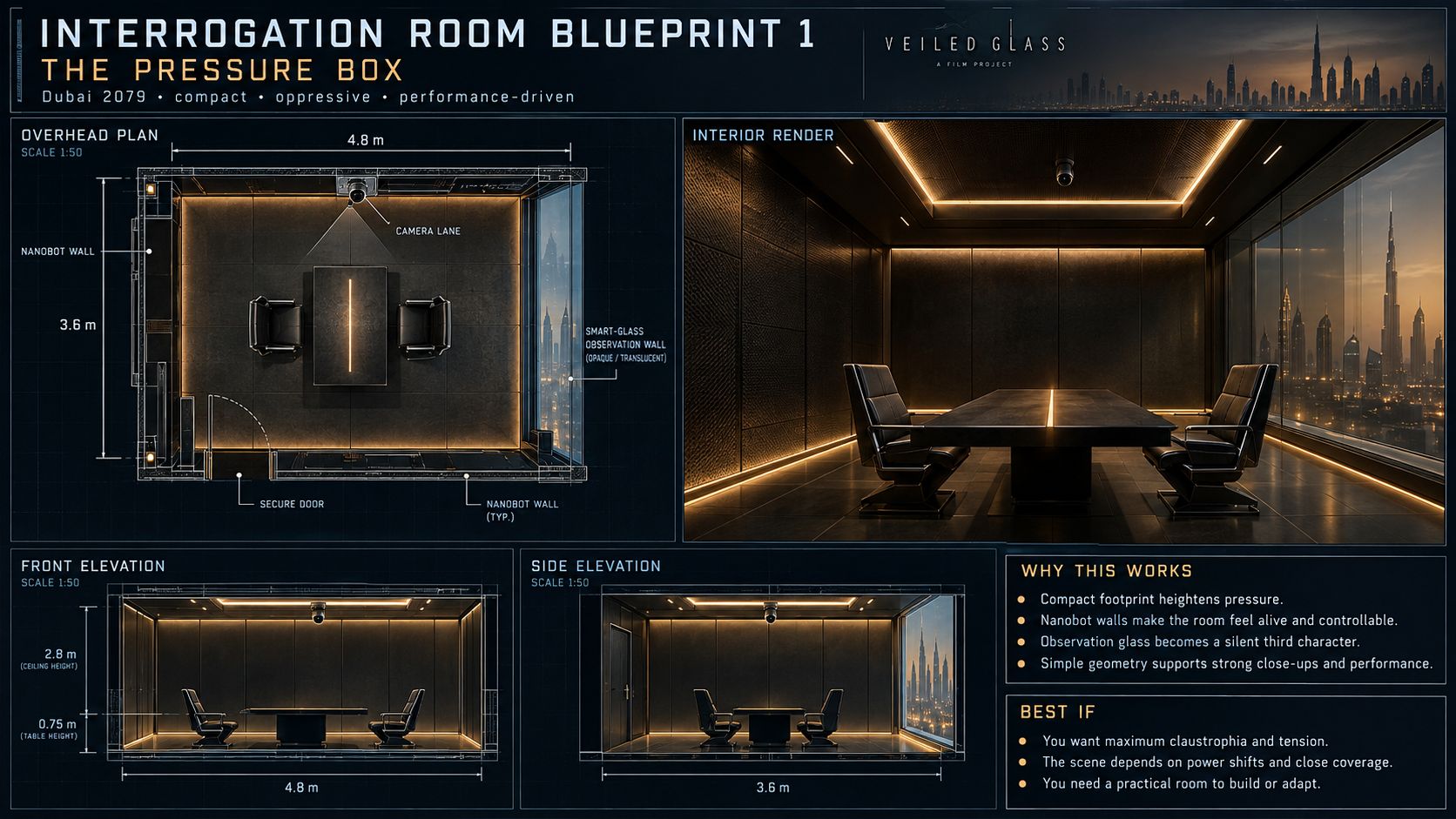 Design board for a compact rectangular interrogation room: overhead plan, elevations and an interior render.