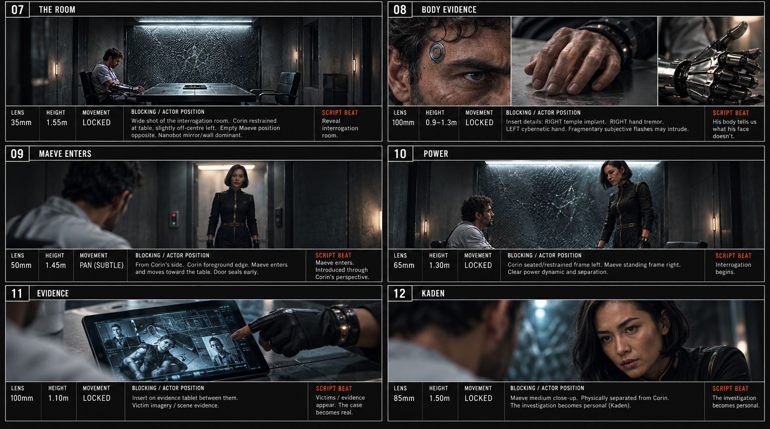 Storyboard sheet, panels 07 to 12: the room, the evidence, Maeve entering, the wall, the evidence screen and Kaden, with lens and blocking notes.