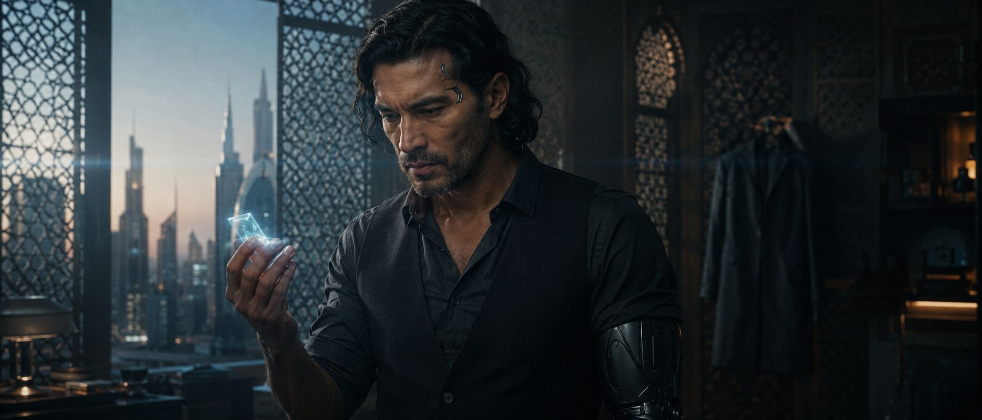 Corin holding a small glowing glass cube, a lattice screen and the city behind him.