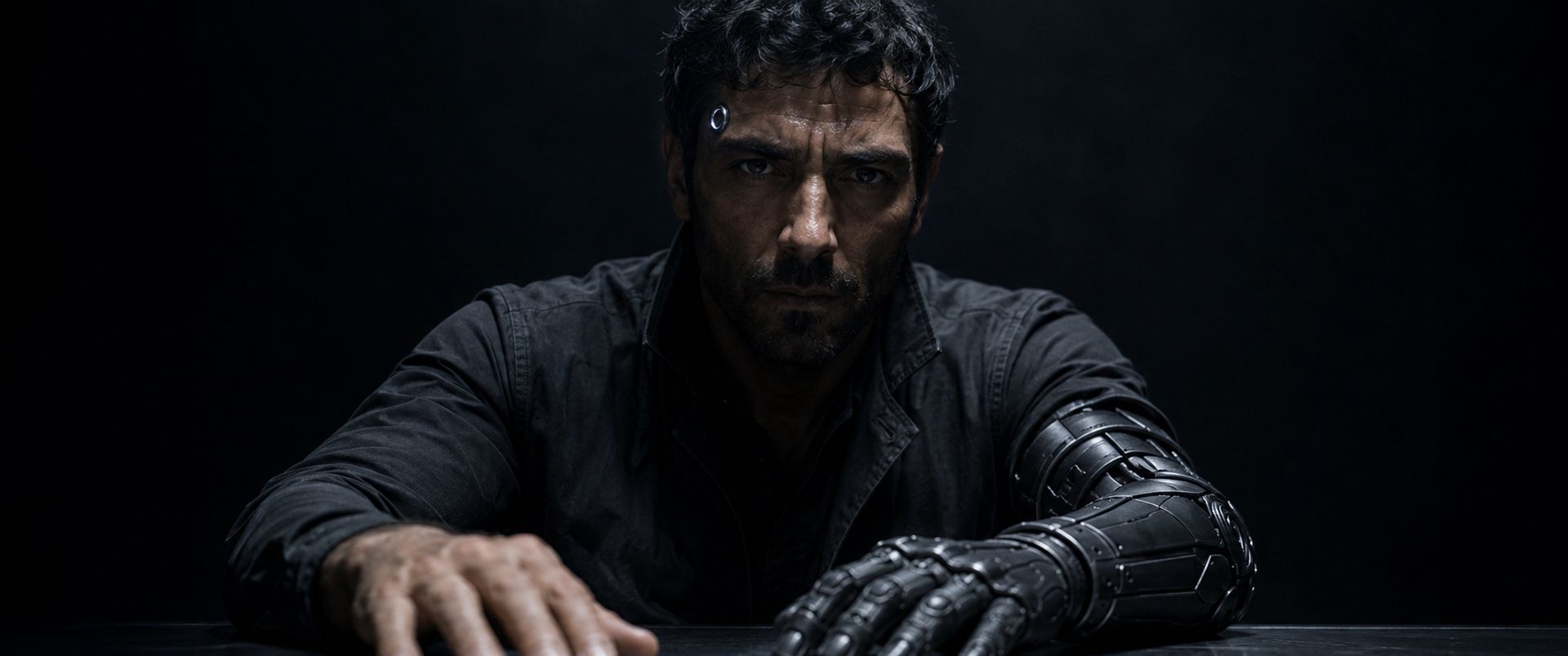 Corin at the steel table, looking straight at the camera, his cybernetic left arm on the metal.