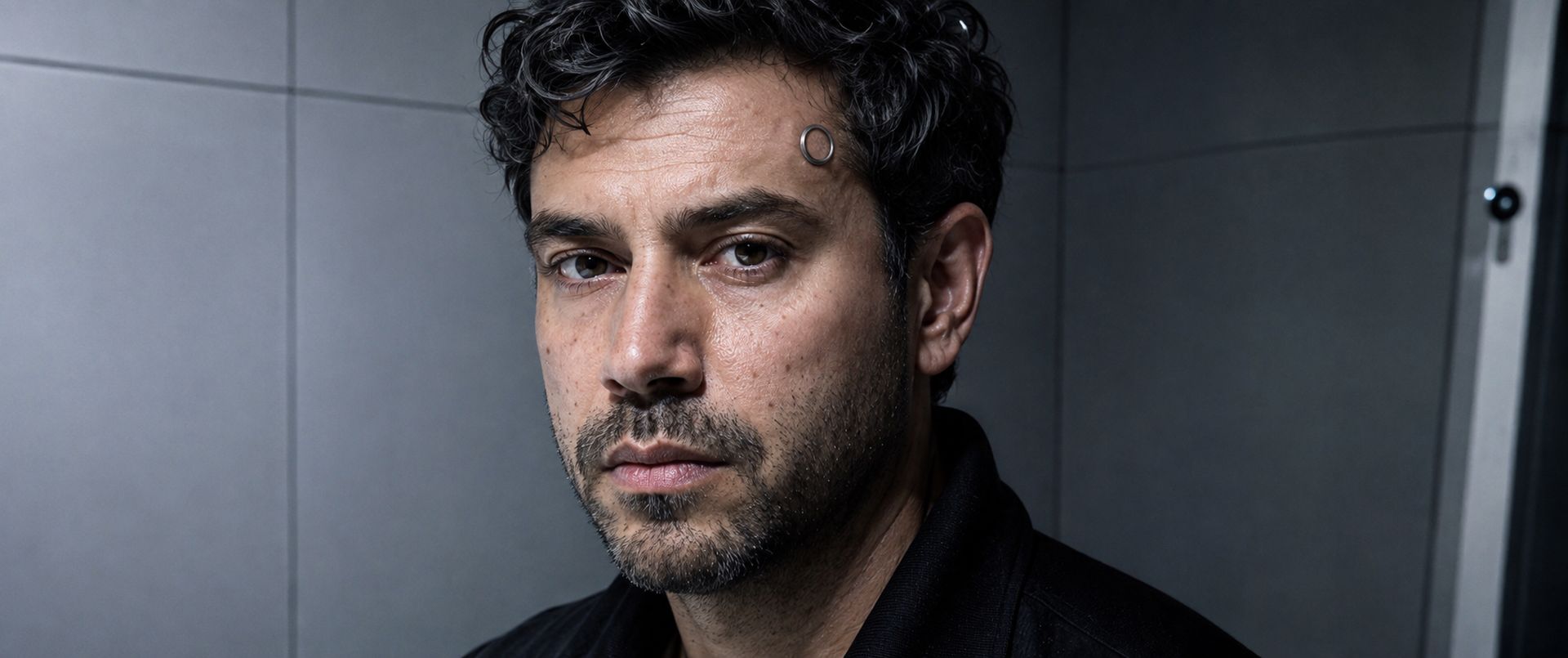 Close portrait of Corin in a gray room, a small circular implant at his temple.