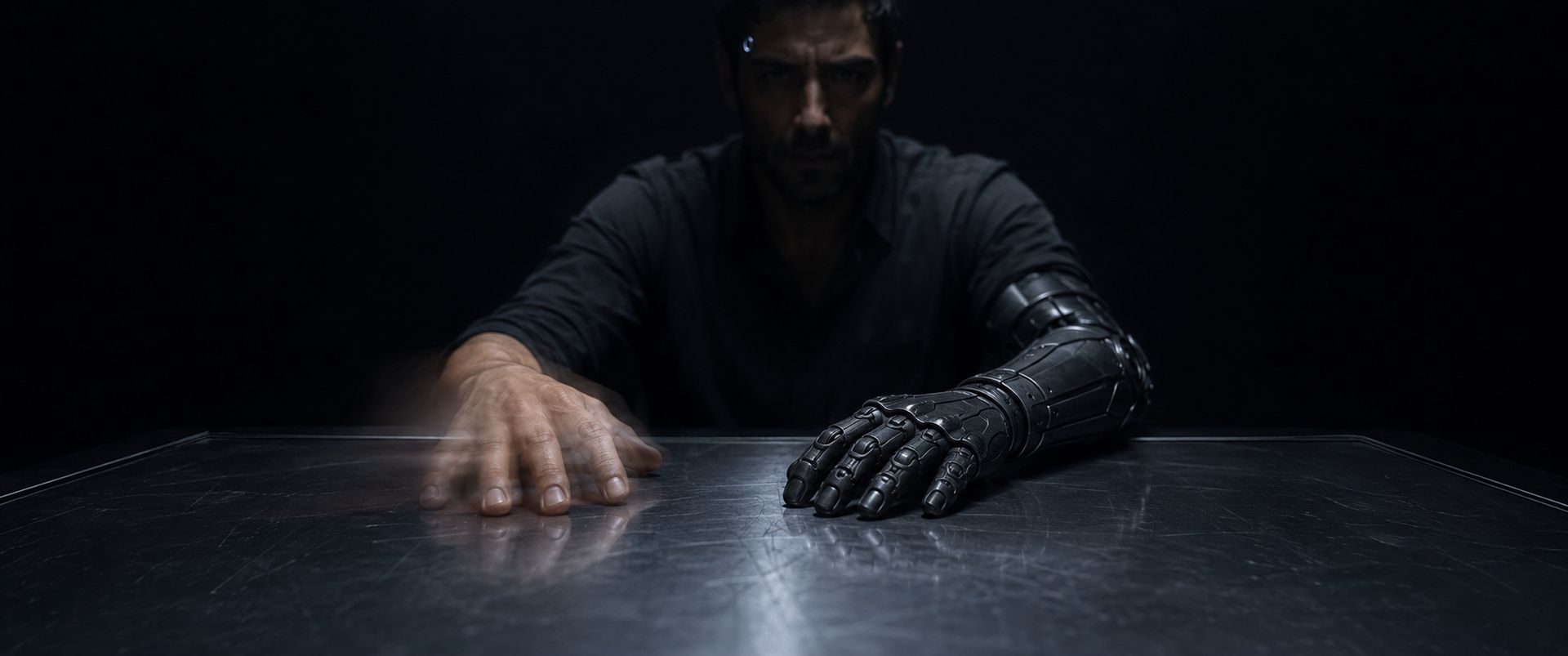 Corin at a steel table, his cybernetic left arm and human right hand resting on the metal.