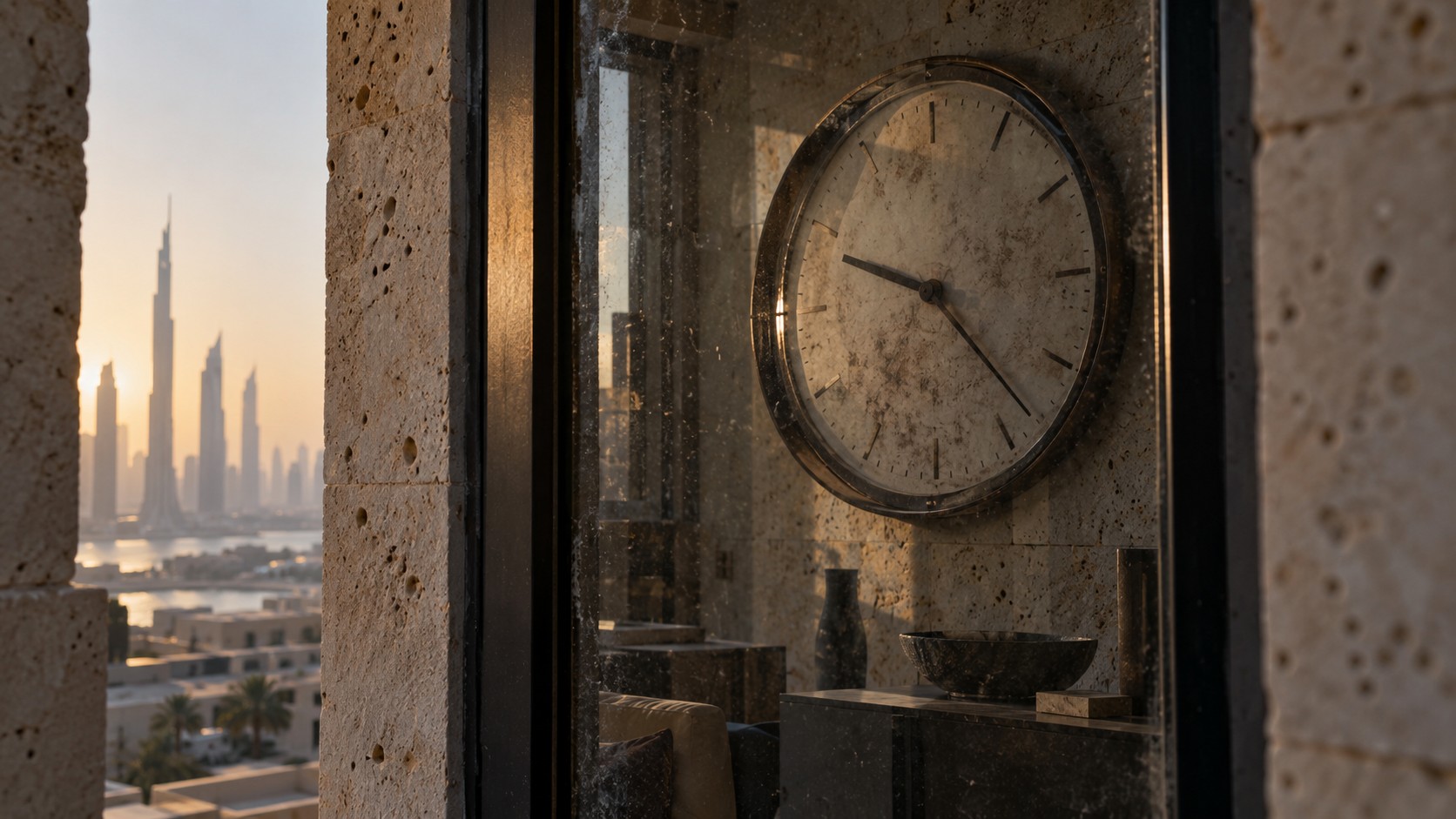 A worn analog clock reflected in a dusty window overlooking Dubai.