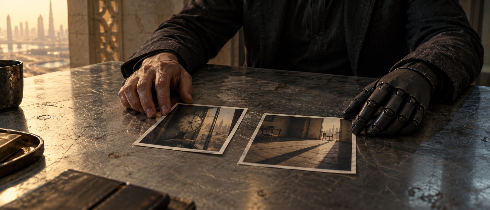 Two evidence photographs on a worn table, between a human hand and a matte cybernetic arm.
