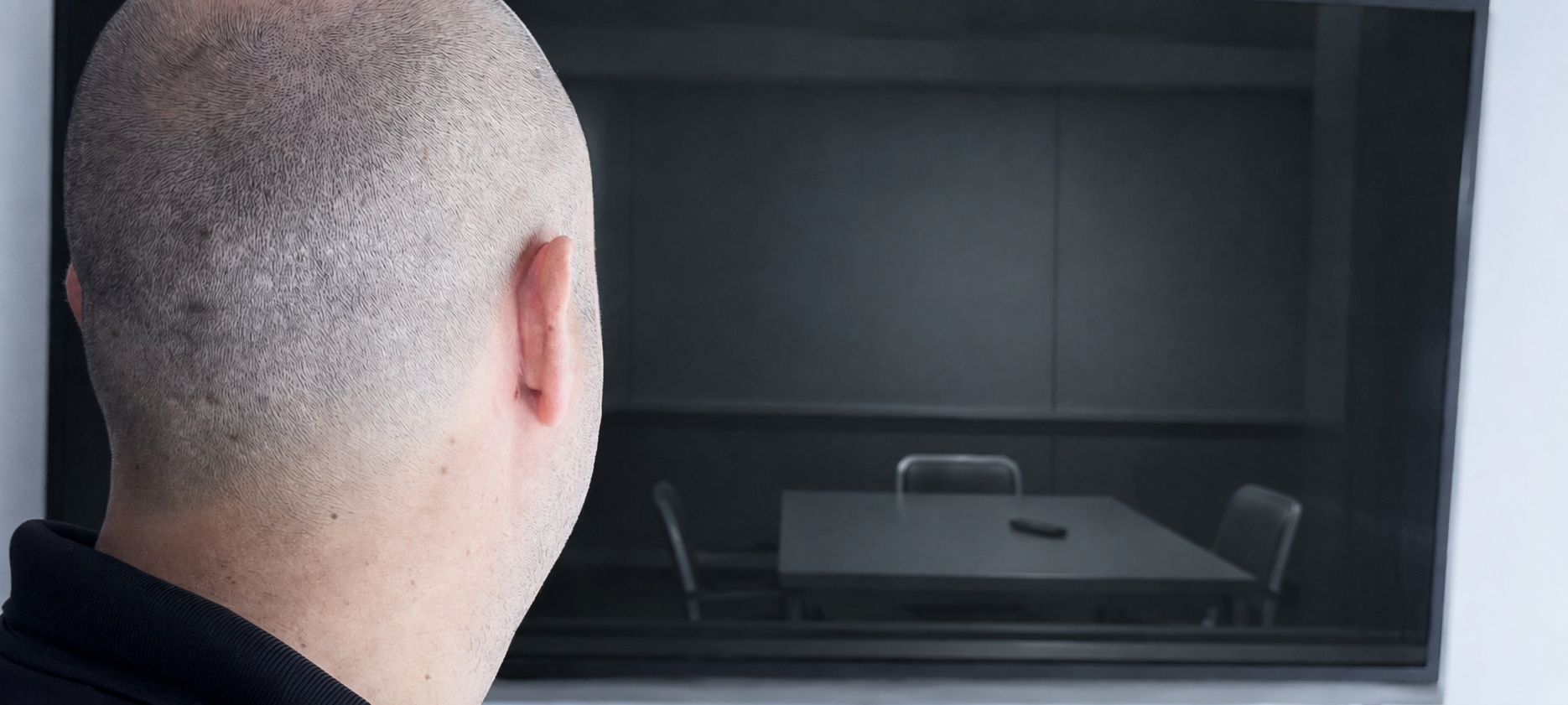 The same man, seen from behind, looking through an observation window into an interrogation room.
