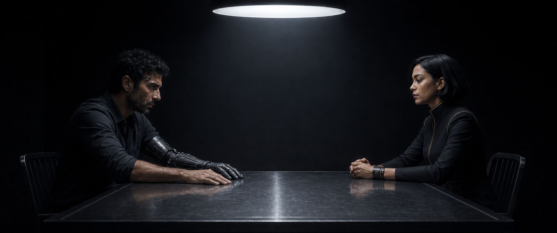 Corin and Maeve face each other across a steel table under a single overhead light.