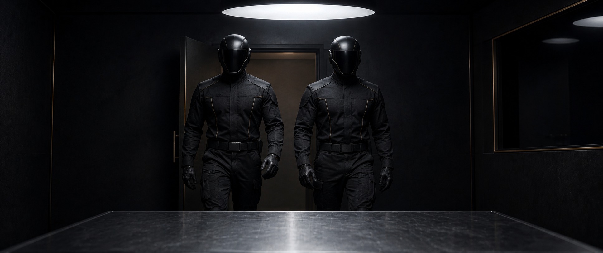 Two faceless security officers in dark helmets and matte uniforms at the interrogation-room door.