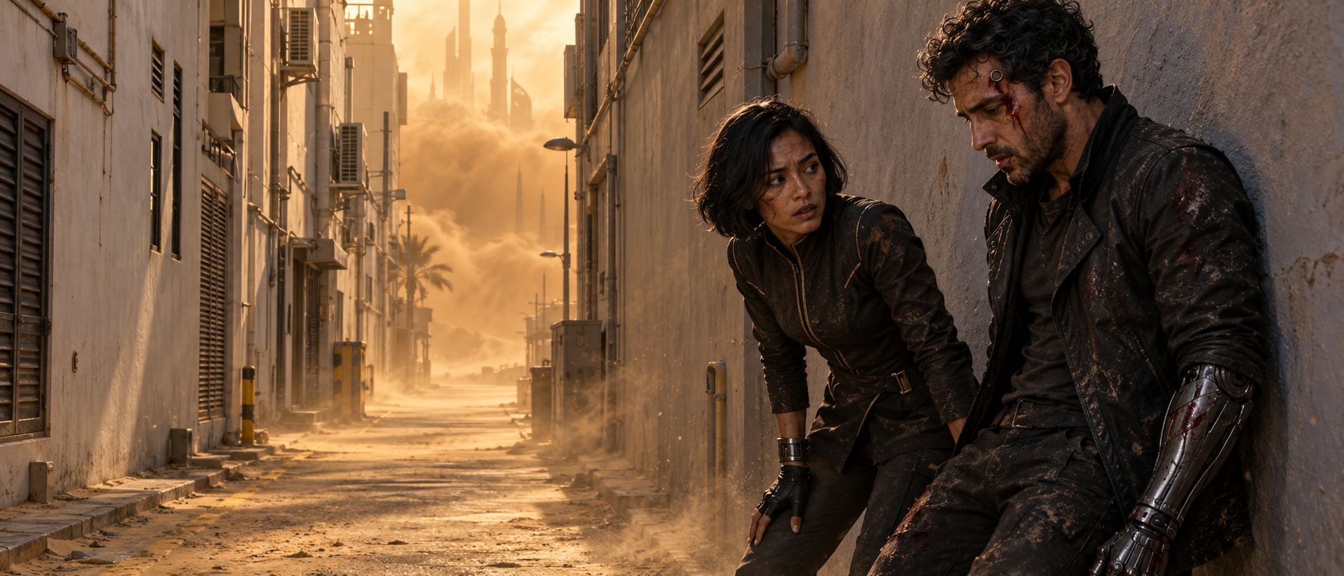 Two bloodied partners against an alley wall, a sandstorm filling the street behind them.