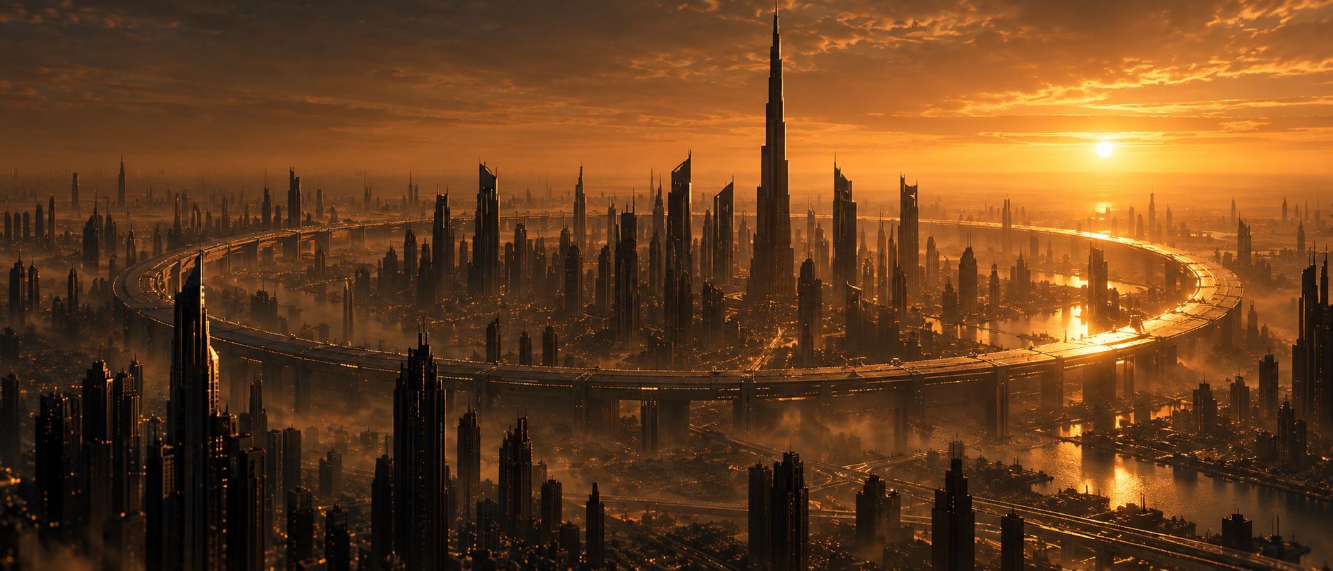 A desert megacity at sunset, ringed by a vast golden loop.